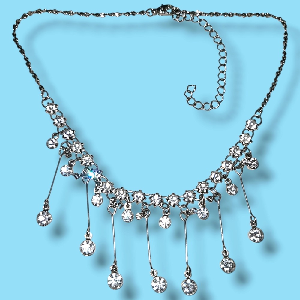 Vintage 90s Y2K Silver Tone Rhinestone Choker Statement Necklace 12"-15"